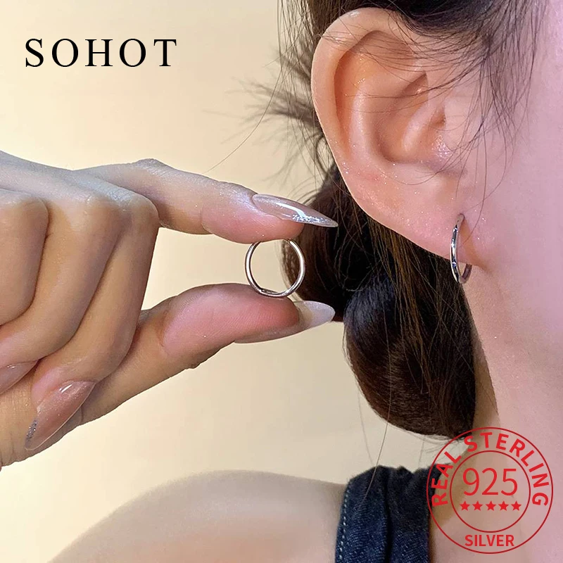 

Real 925 Sterling Silver Minimalist Trendy Round Hoop Earrings for Women OL Exquisite Fine Jewelry Light Luxury Accessories
