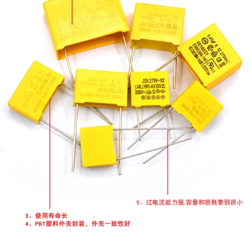 5/10/20pcs Polypropylene Film Safety Capacitors MKP AC 275V x2 0.001/0.1/0.22/0.47/0.68/1/1.2uF 0.47uF 10% 10/15/22mm spacing