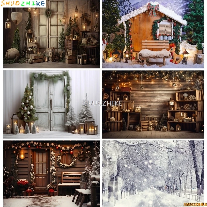 

Christmas Day Photography Backdrops Prop Fireplace Window Winter Xmas Tree Decoration Flower Garland Wood Door Background JU-12