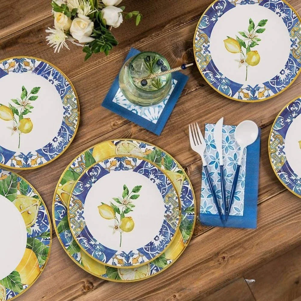 Plato de cena desechable de porcelana blanca y azul de 64p, plato para pastel de cumpleaños, Picnic, Camping, vajilla de fiesta portátil biodegradable
