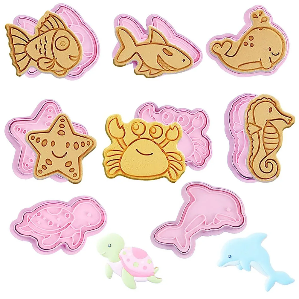 8Pcs Ocean Animals Cookie Cutters With Plunger Stamp Plastic Baking Mold Fish Whale Starfish Turtle And More Shape Biscuit Molds