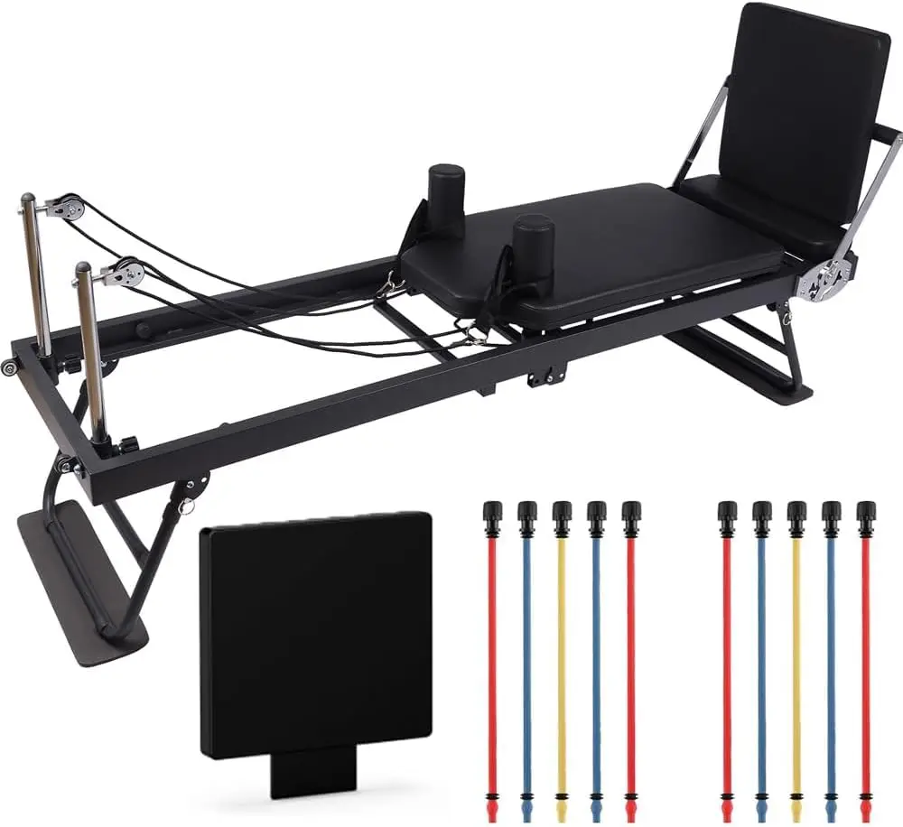 Foldable Pilates Reformer Machine for Home Gym, 300Lb Capacity, with Jump Board and 2 Resistance Bands, Perfect for Women