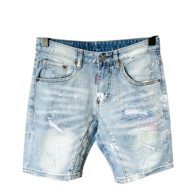 Summer Brand Luxury Men\'s Casual Denim Knee Length Shorts with Distressed Route Patched Stitching Streetwear Washed Short Jeans