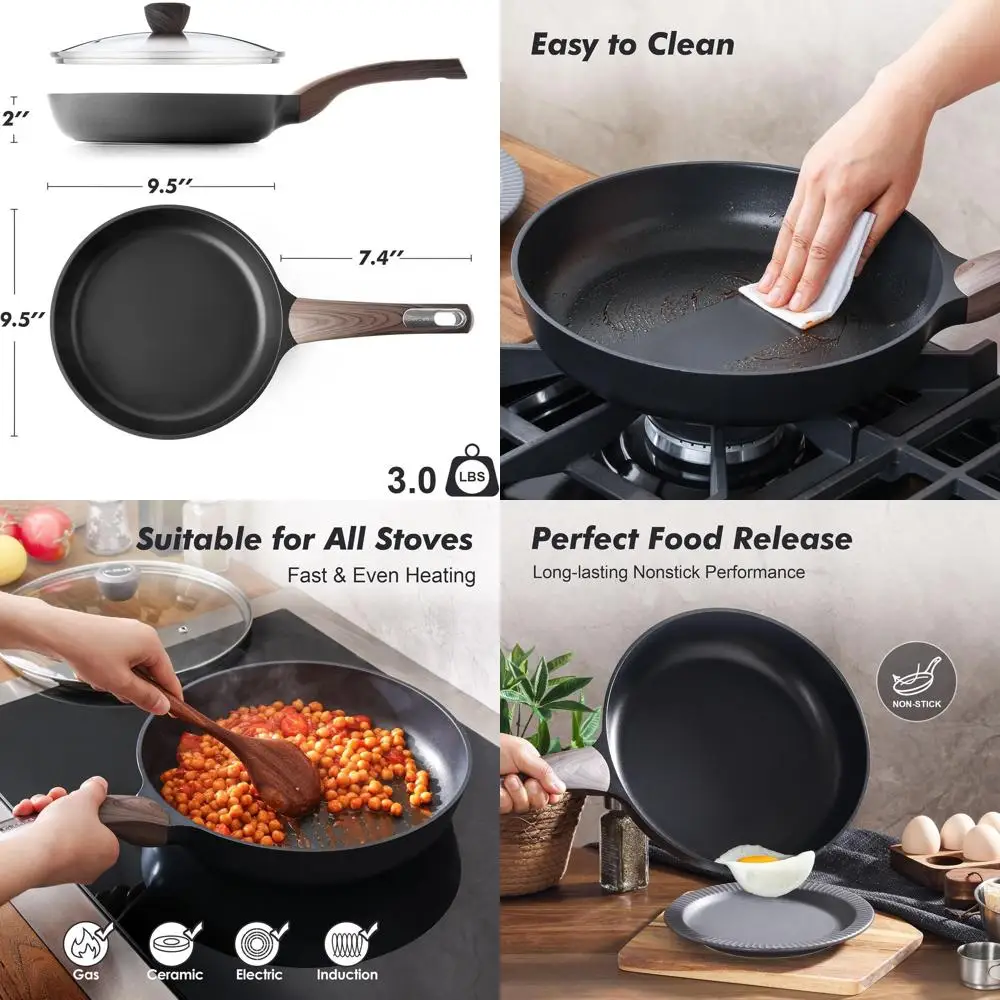 

9.5-Inch Nonstick Skillet with Lid, Induction-Ready Omelette Pan, Black