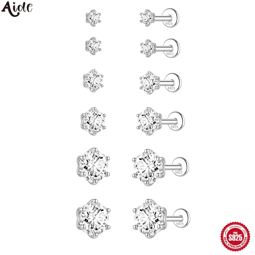 Aide S925 Sterling Silver 6 Size Round Moissanite Cartilage Stud Earrings Flat Back Earrings With Certificate for Women Jewelry