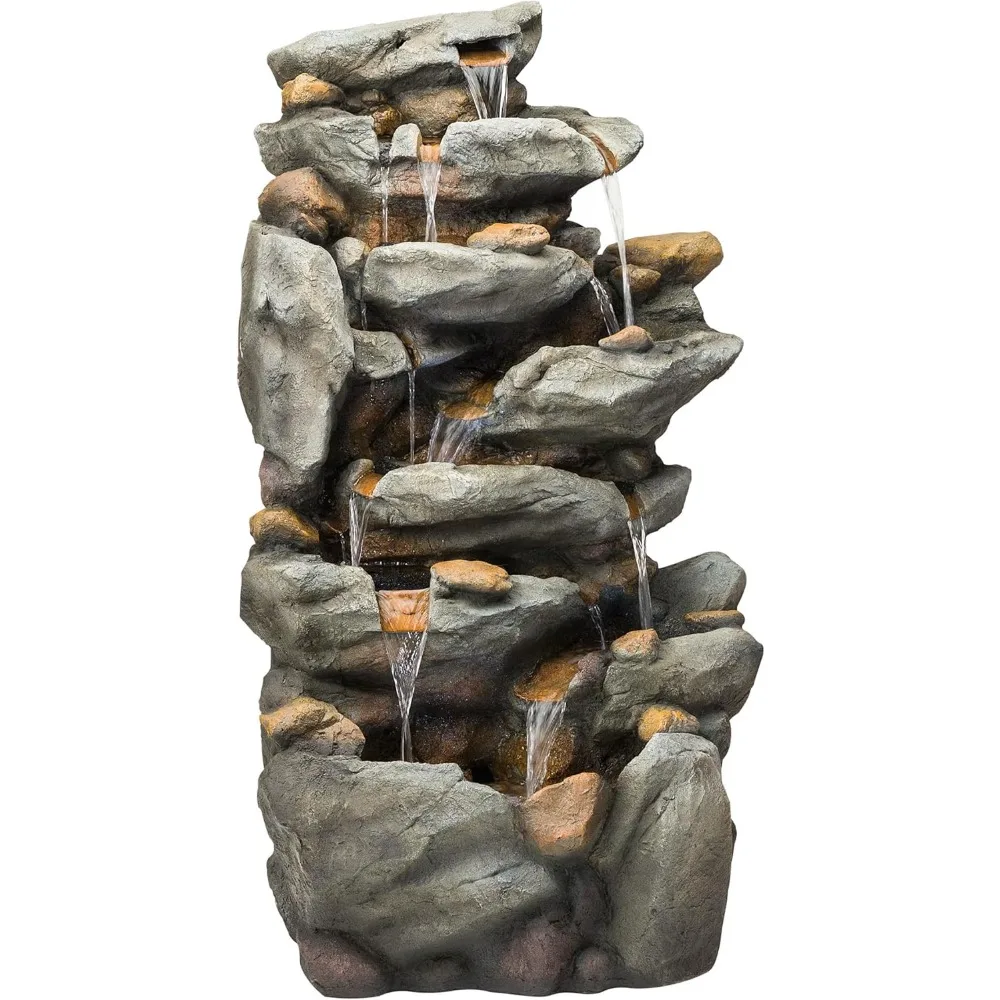 Outdoor Floor 8-Tiered Rock Waterfall Fountain with Lights and Natural Stone Look, 50