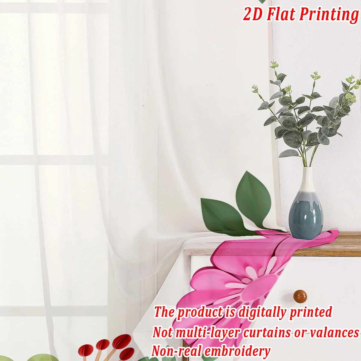 ستارة شفافة بطباعة مسطحة على شكل زهور ملونة، قماش خفيف، لغرفة المعيشة وغرفة النوم وديكور المنزل والنافذة