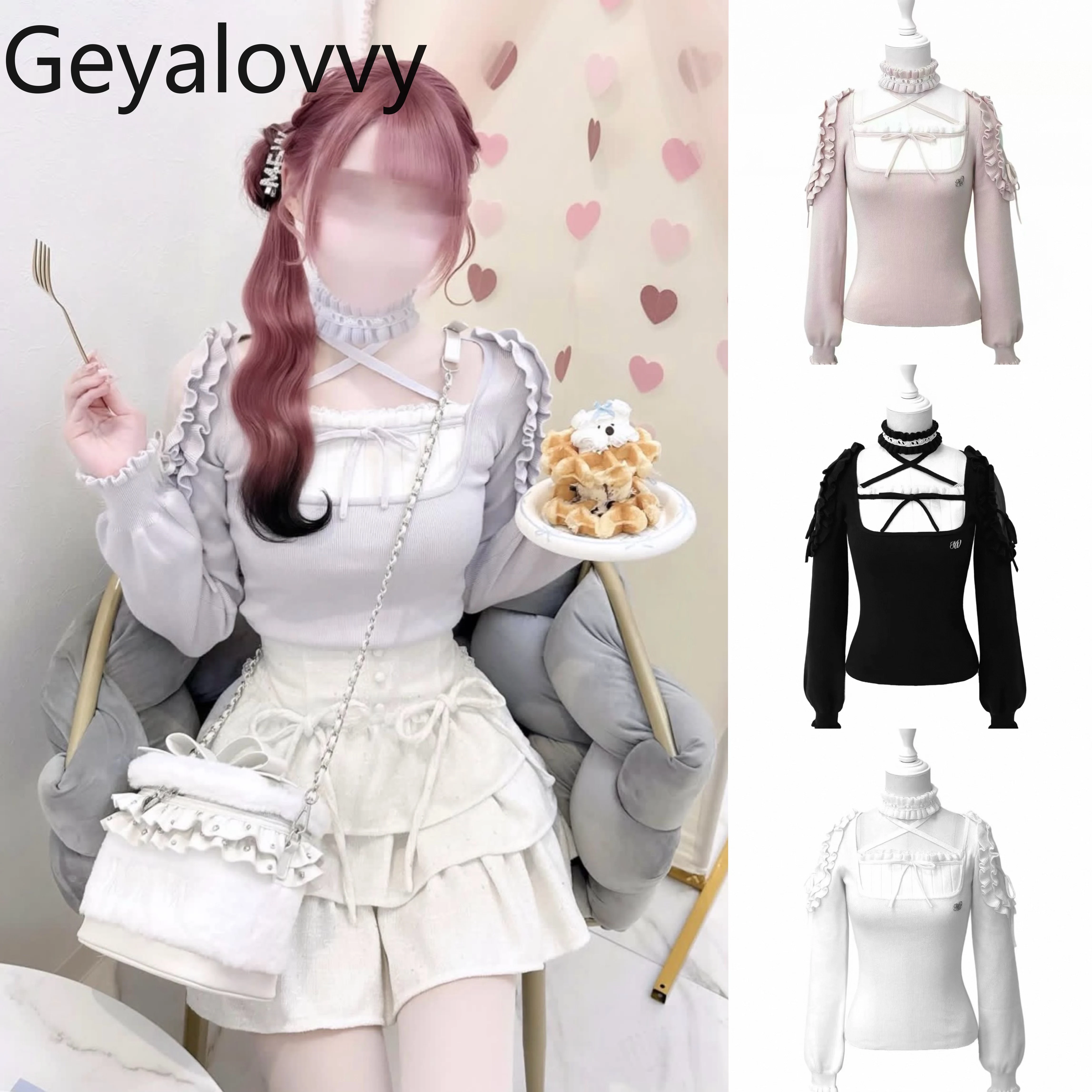 

Japanese Style Halter Neck Off-shoulder Knit Top Long Sleeve Pullover Sweater Ruffle Cuff New Spring Autumn Women's Tops