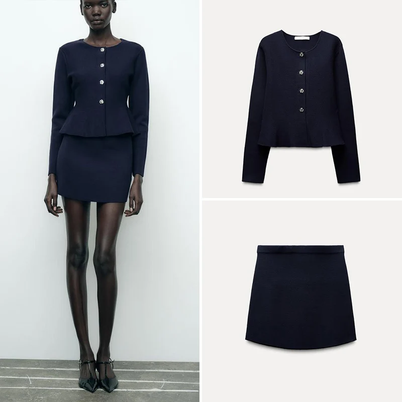 Z-falda tejida y Top de manga larga para mujer, conjunto de moda para invierno 2024, diseño de cuello redondo con bo...
