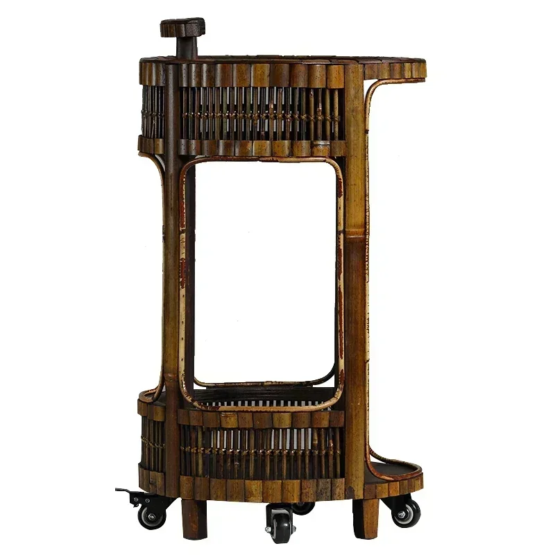 Bamboo tea cart retro Kung Fu tea rack with wheels movable tea brewing antique  boiling water cabinet