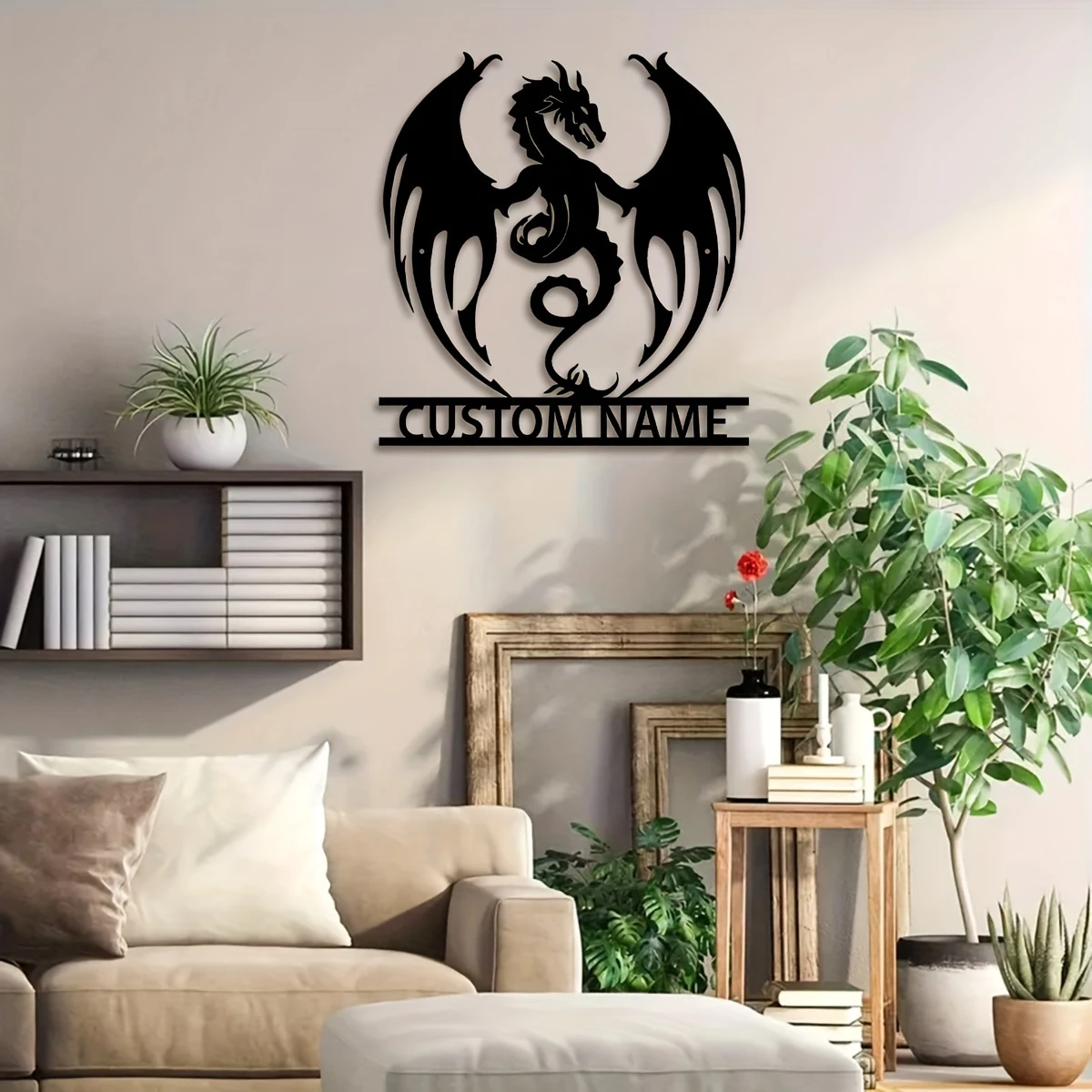 Customizable Metal Flame Dragon Wall Art Personalized Farmhouse Style Decor Custom Name Gift for Porch Courtyard