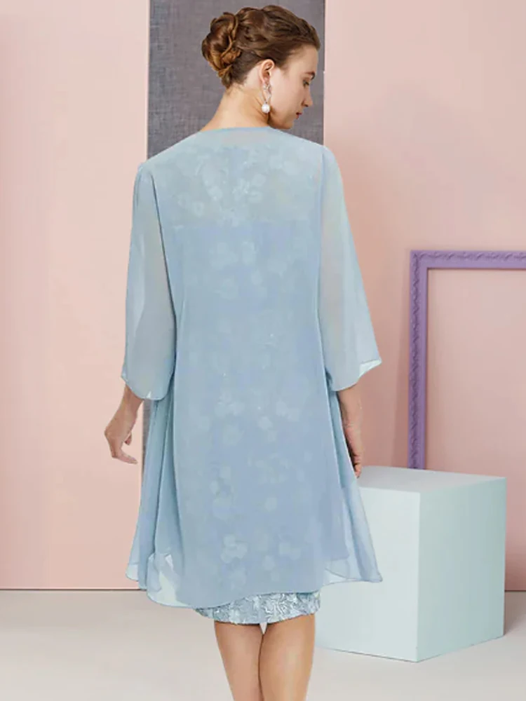 Sky Blue Casual Mother of the Bride Groom Dress Elegant Knee-Length Lace Mermaid Skirt Chiffon Jacket Half-sleeves customized