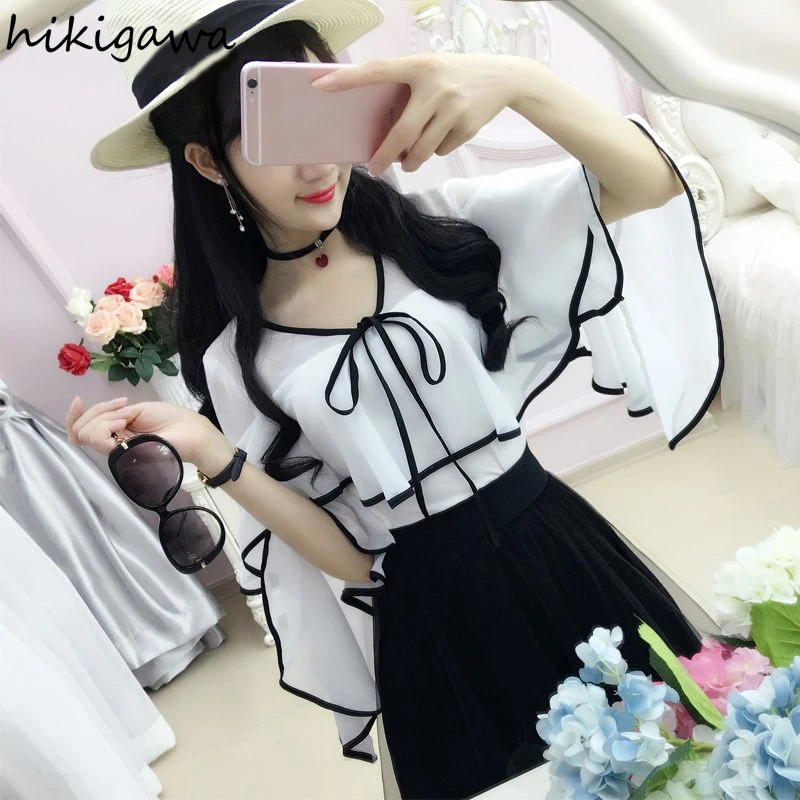 Summer 2 Piece Sets Womens Outfits White Chiffon Blouses Tops High Waist Patchwork Gauze Pleated Skirt Suit Fashion Korean Set