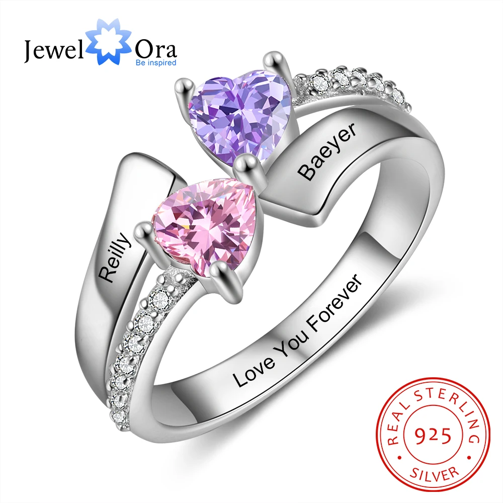 

925 Sterling Silver Personalized Engraved Name Wedding Engagement Ring Custom 2-4 Inlaid Heart Birthstone Rings for Women Mother