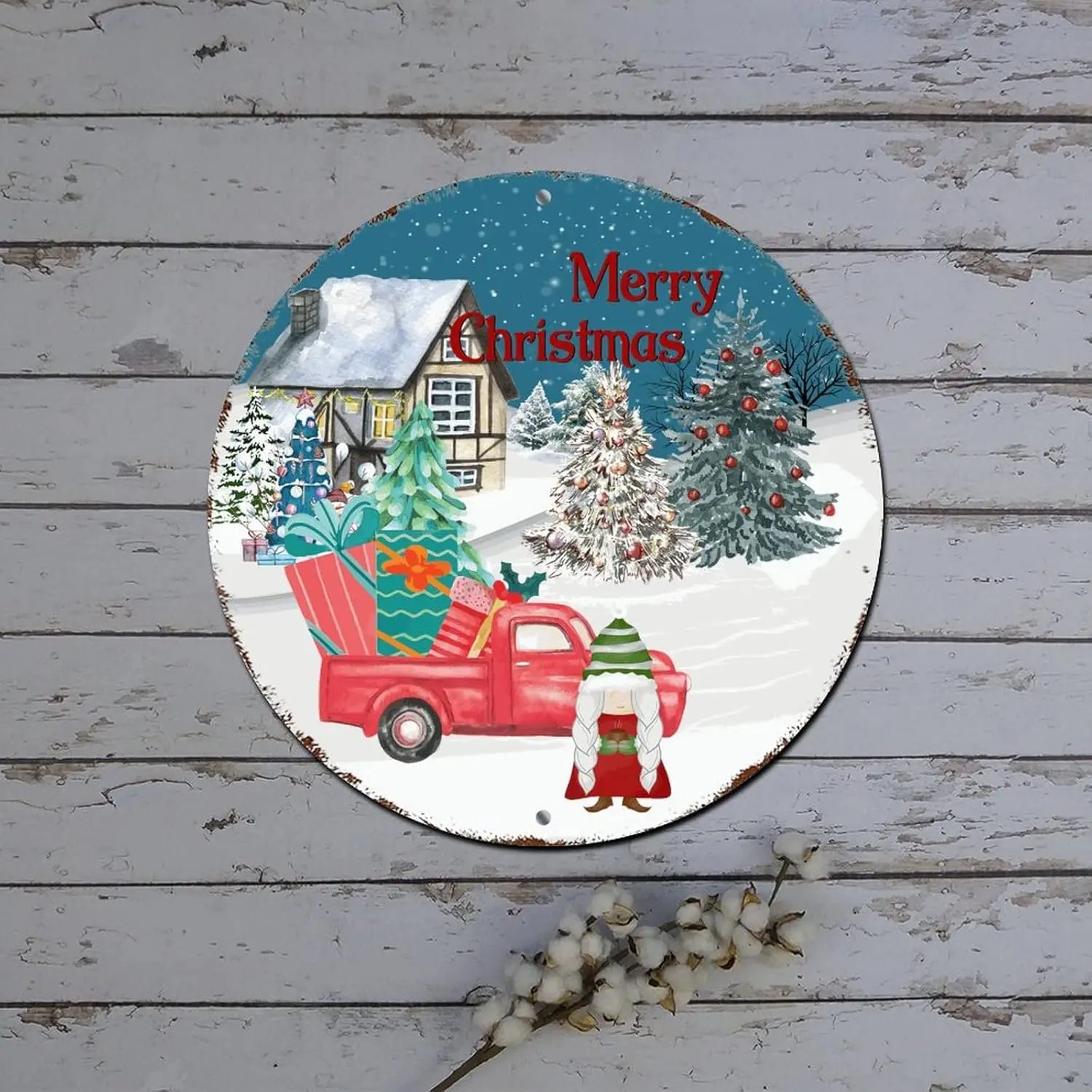 Snowman Christmas Wreath Sign Santa Snow House Gnome Truck Round Metal Tin Sign Christmas Door Decorations Indoor Shabby Metal S