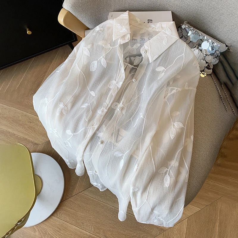 

New Chinese Sle Women's Summer irt Thin Silk Ice Silk Open Cardigan Outerwear Long Sve round Ne Button up Top