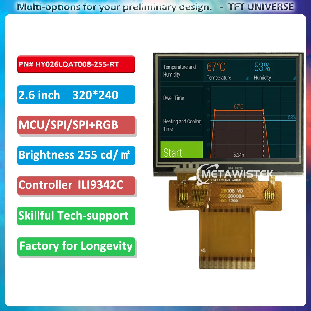 2,6-calowy wyświetlacz LCD 320x240 Rejestr dotykowy Urządzenie ręczne MCU/SPI/RGB Kąt widzenia TN Wyświetlacz typu kwadratowego ILI9342C
