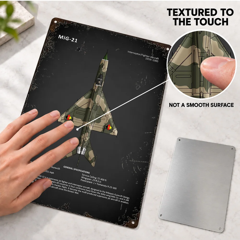 The Mig21 Aircraft Aluminum Poster Personalized Metal Sign Monochrome Aeronautical Wall Art For Aviation Corner Interior Decor