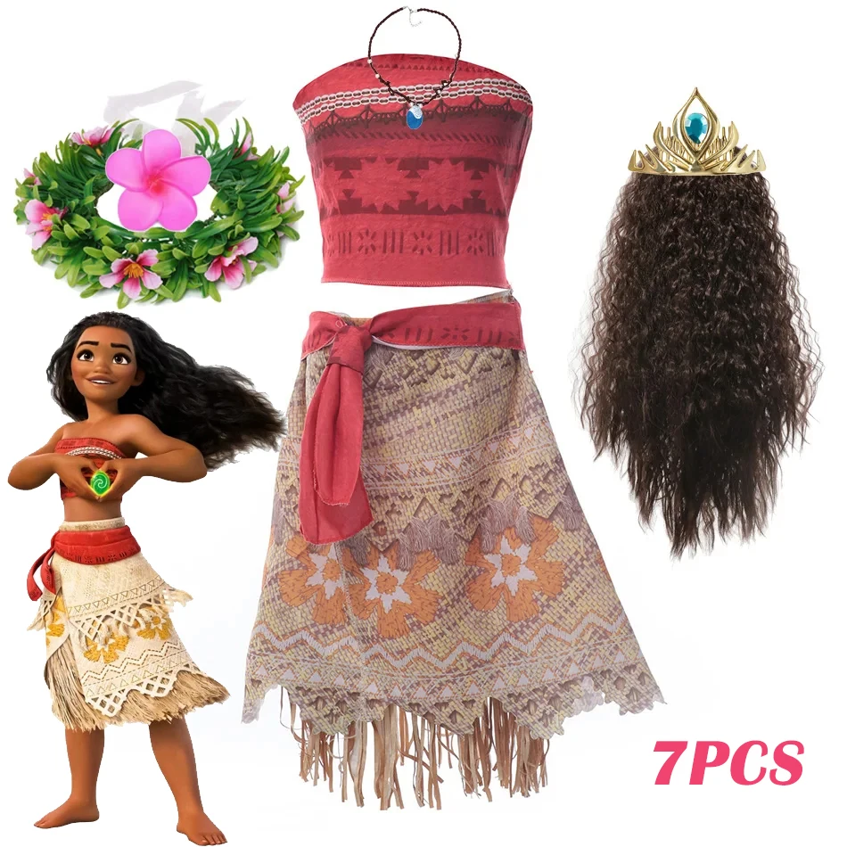 Disney Moana Dresses Girls Kids Clothes Cosplay Vaiana Princess Dress Necklace Wig Children Carnival Party Summer Costume Set