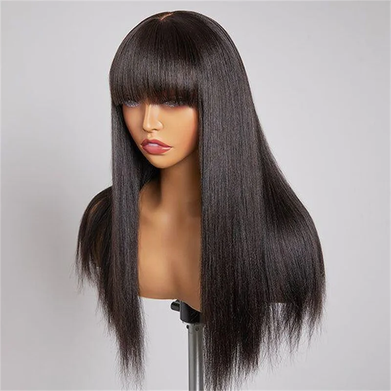 Natural Black Long Straight Machine Wig with Bangs for Black Women, High Temperature Fiber, Cosplay, Soft, Glueless, Daily