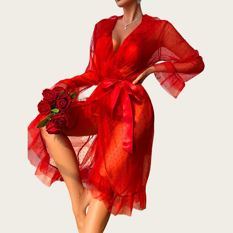 

Sexy Women Nightwear Polka Dot Mesh Robe 3 Pieces Pajamas Sets See Through Ruffles Boudoir Night Dress Long Sleeve Home Suit