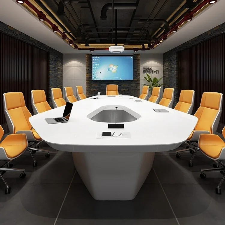 #Modern Painted Irregular Shape Conference Table Set with Chairs,Office Desk for Meeting Room,Large Rectangular Discussion Table