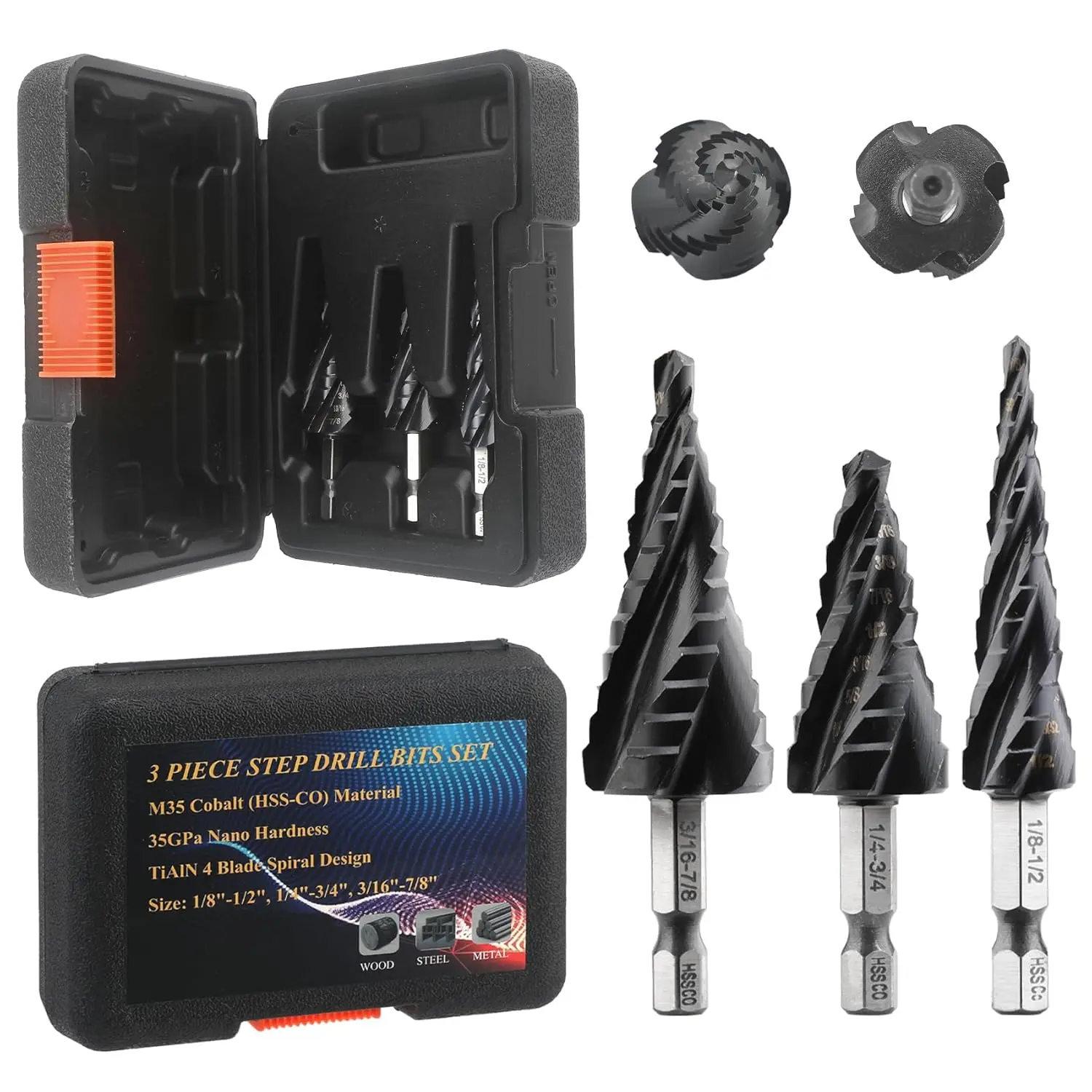 M35 Cobalt Four Spiral Flute Step Drill Bit,M35 HSS AlTiN Coated for Hole Drilling in Stainless Steel, Copper, Aluminum, Wood