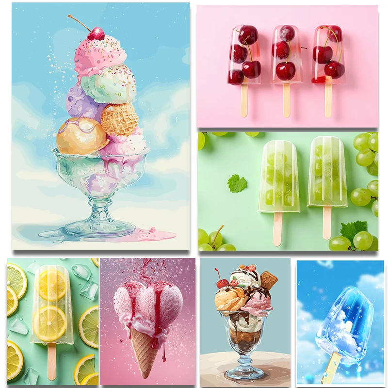 Ice Cream Sundae Summer Dessert Posters Cherry Popsicles on Pink Modern Prints Canvas Painting Wall Art Pictures Home Room De