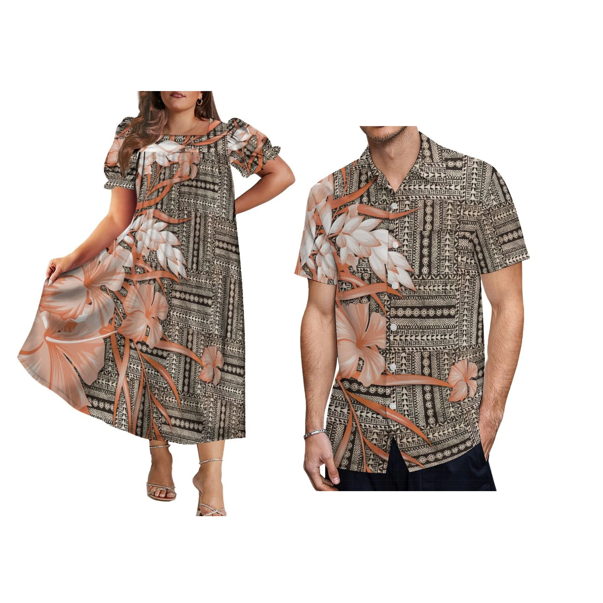 عالية الجودة البولينيزية القبلية طباعة زوجين 2 قطعة مجموعة Mumu فستان بأكمام قصيرة للنساء وقميص مطابقة للرجال الأزواج