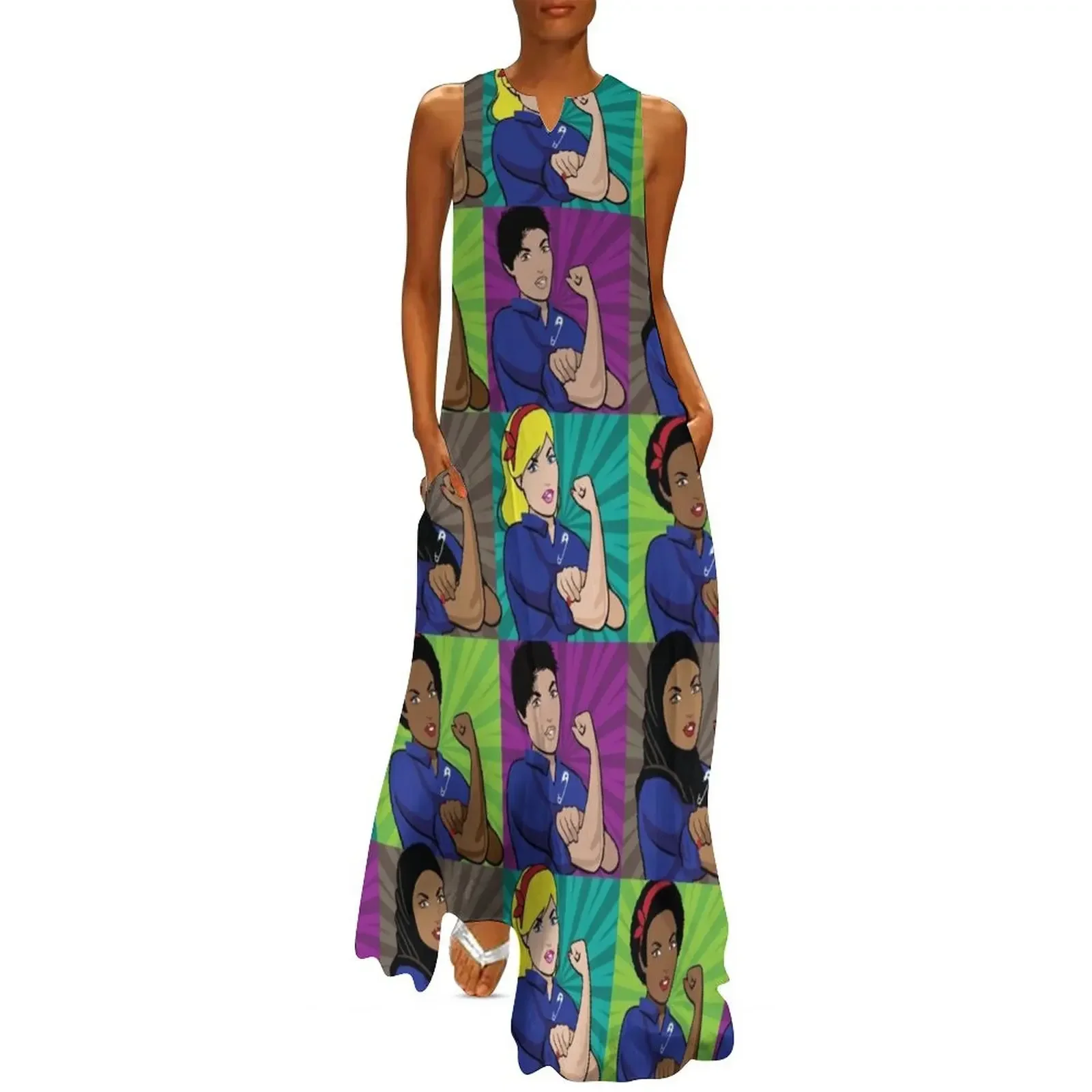 

Pop art poster of multicultural Rosie the Riveters wearing a safety pin Long Dress chic and elegant evening dress Dress