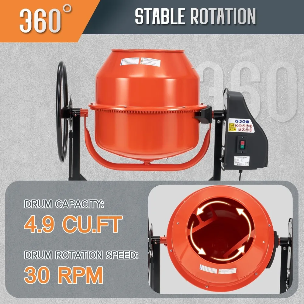 4.9 قدم مكعب. خلاط أسمنتي كهربائي، آلة خلط الخرسانة المحمولة بقدرة 550 وات مع أسطوانة سعة 140 لتر، محرك 110 فولت، دوران 30 دورة في الدقيقة