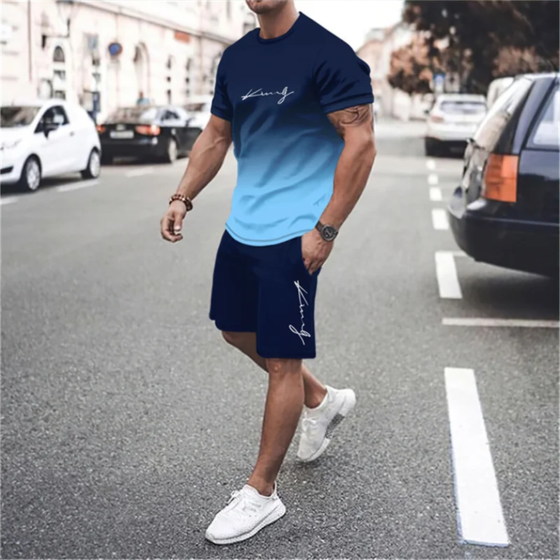 The latest 3D gradient T-shirt and shorts set men's short sleeved O-neck top casual and fashionable skateboarding sportswear set