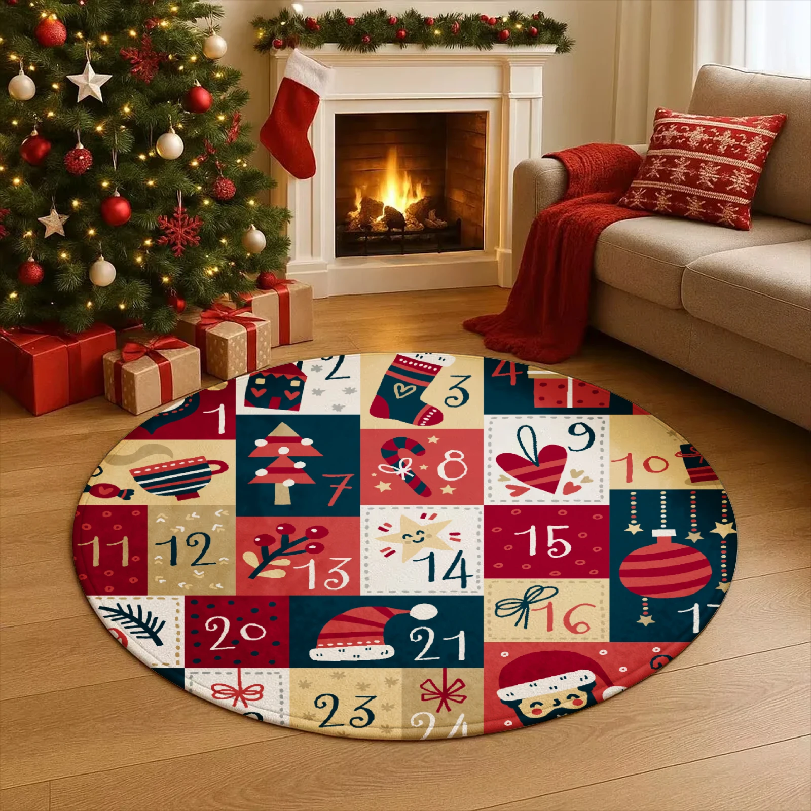 2026 Weihnachtsteppich, runder Teppich, weicher Flanellteppich für Sofa, Zimmer, rutschfester Weihnachtsteppich für Heimdekoration, Geschenk für 2026 Weihnachten – Detail 3