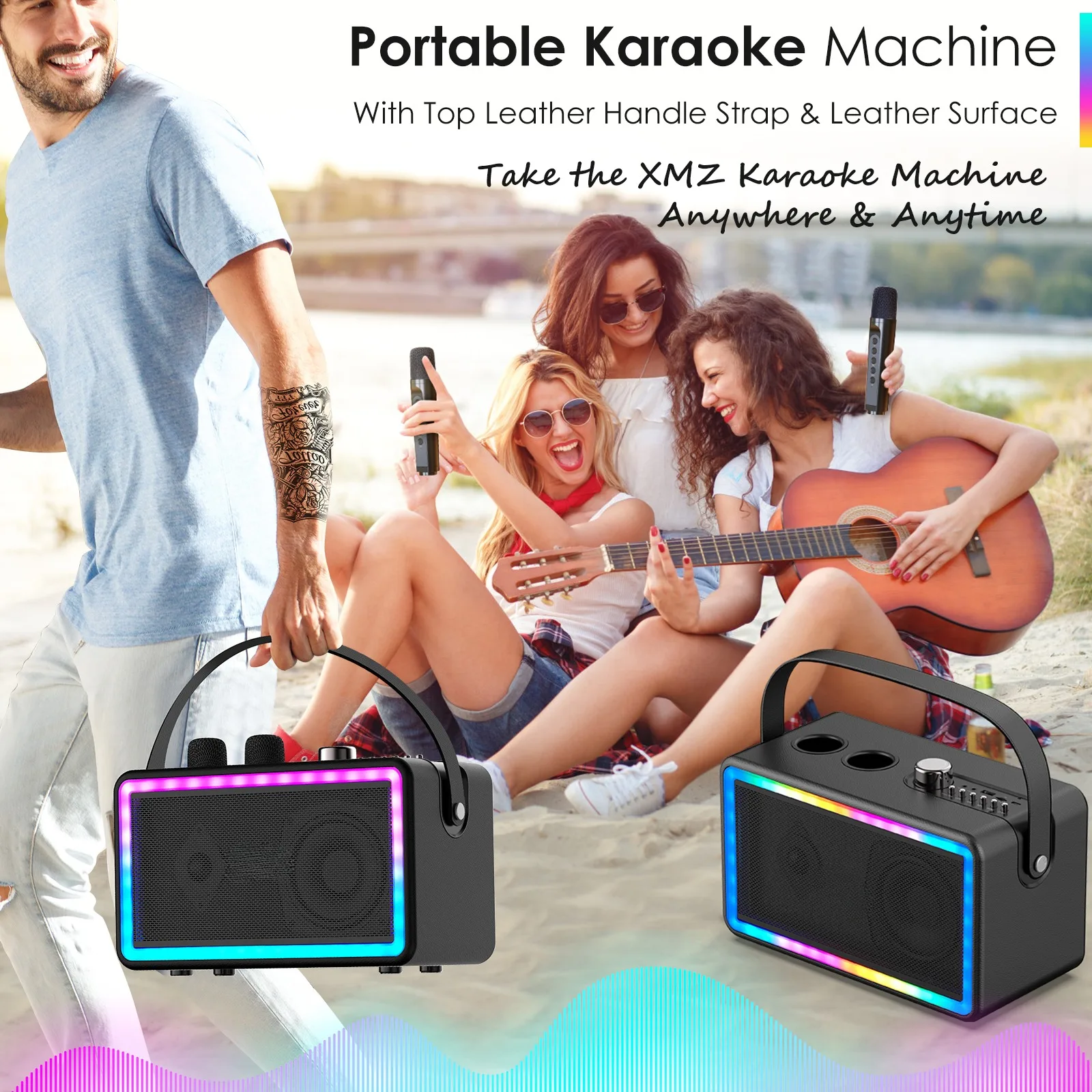 SP500 Wireless Karaoke Speakers, alto-falante portátil Bluetooth, Kit de caixa com dois microfones, música ao ar livre, canto