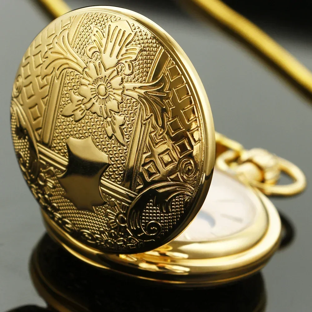 Luxury Golden Charm Flower Design Self Winding Mechanical Pocket Watch Moon Phase Dial Fob Chain Watches Pendant  Men's Gift