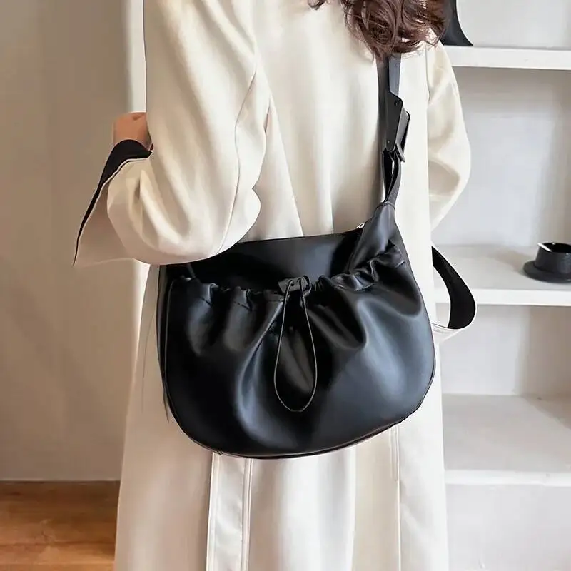 2025 New Trendy Pu Leather Women's Handbags Fashion Pleated All Match Simple Crossbody Bag Y2k Aesthetic Vintage Shoulder Bags