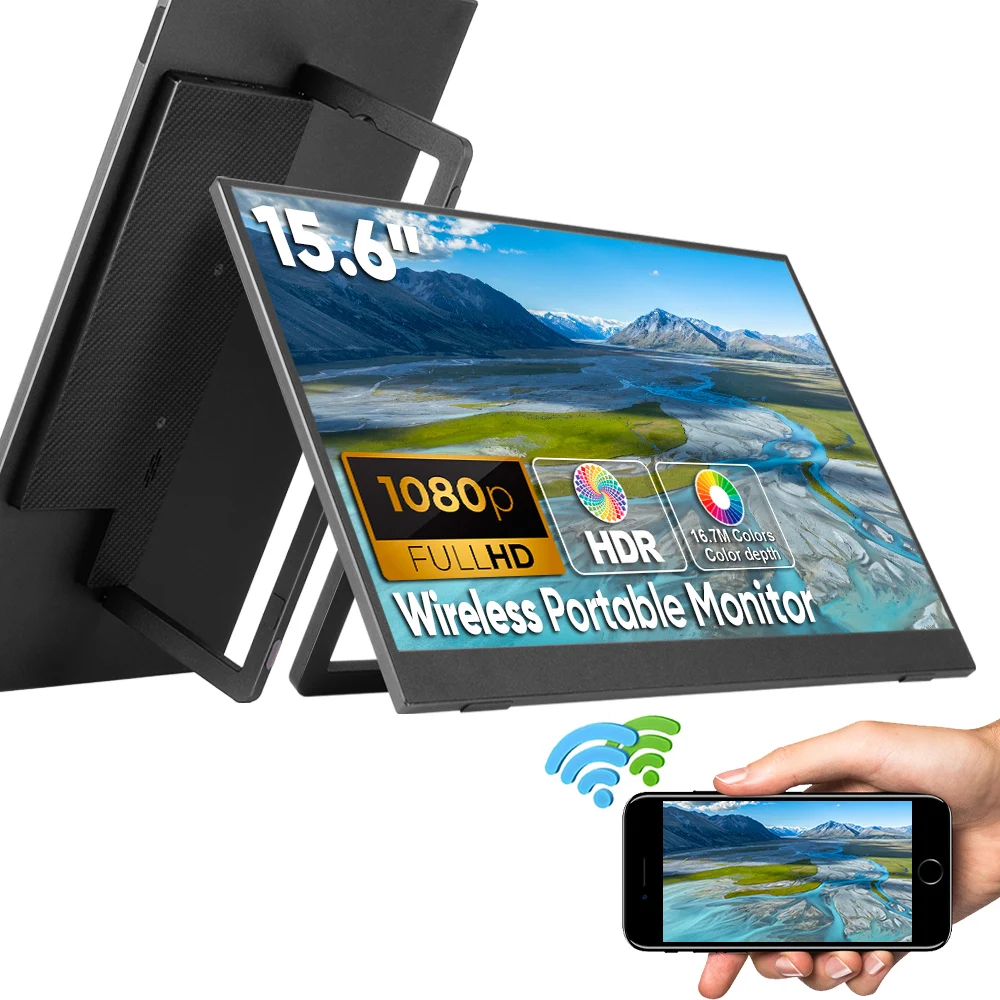 

ODM Массовый 15,6-дюймовый портативный беспроводной монитор FHD со встроенной подставкой Беспроводной дисплей Перепродажа Производитель Прямой поставщика