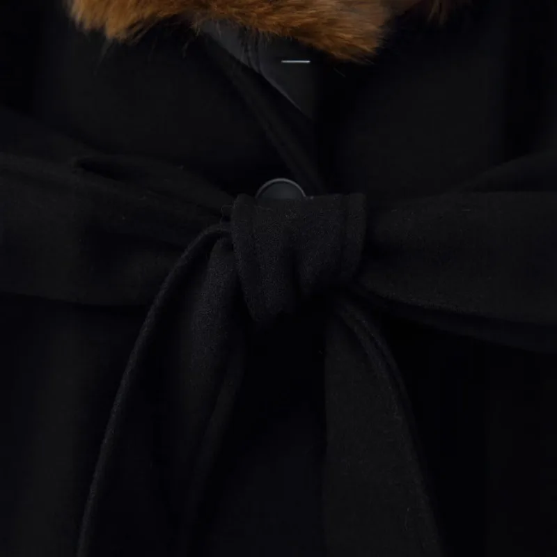 Autumn Winter Trend Streetwear Tweed Coat Fur Collar Versatile Outerwear Wool Coat Women Black Tops Trench Coats Belt Jackets