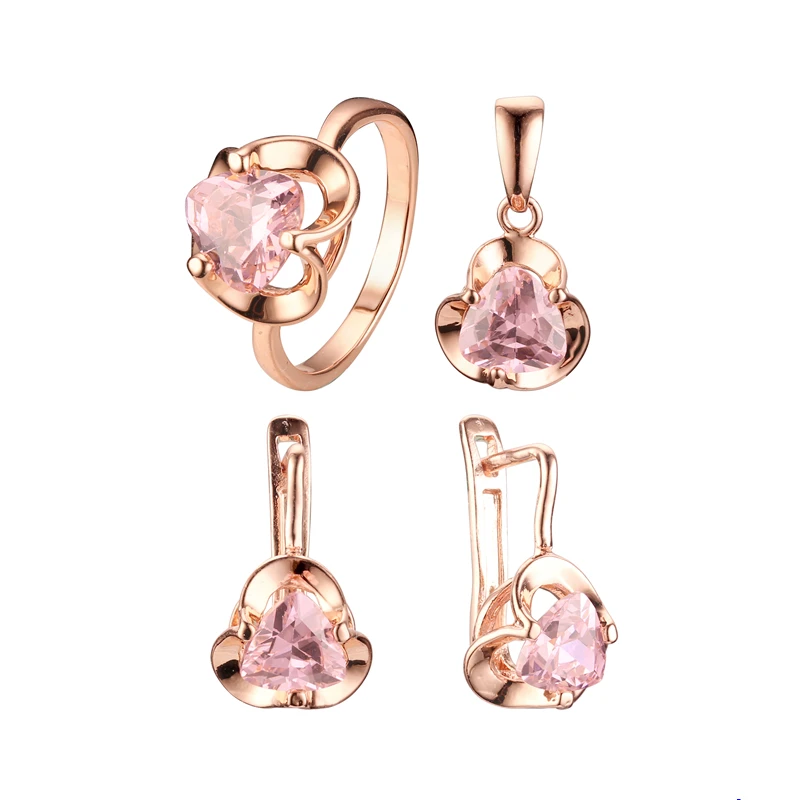 New Fashion Office Style 585 Rose Gold Color Women Jewelry Set Blue Cubic Zirconia Earring/Necklace/Ring Sets