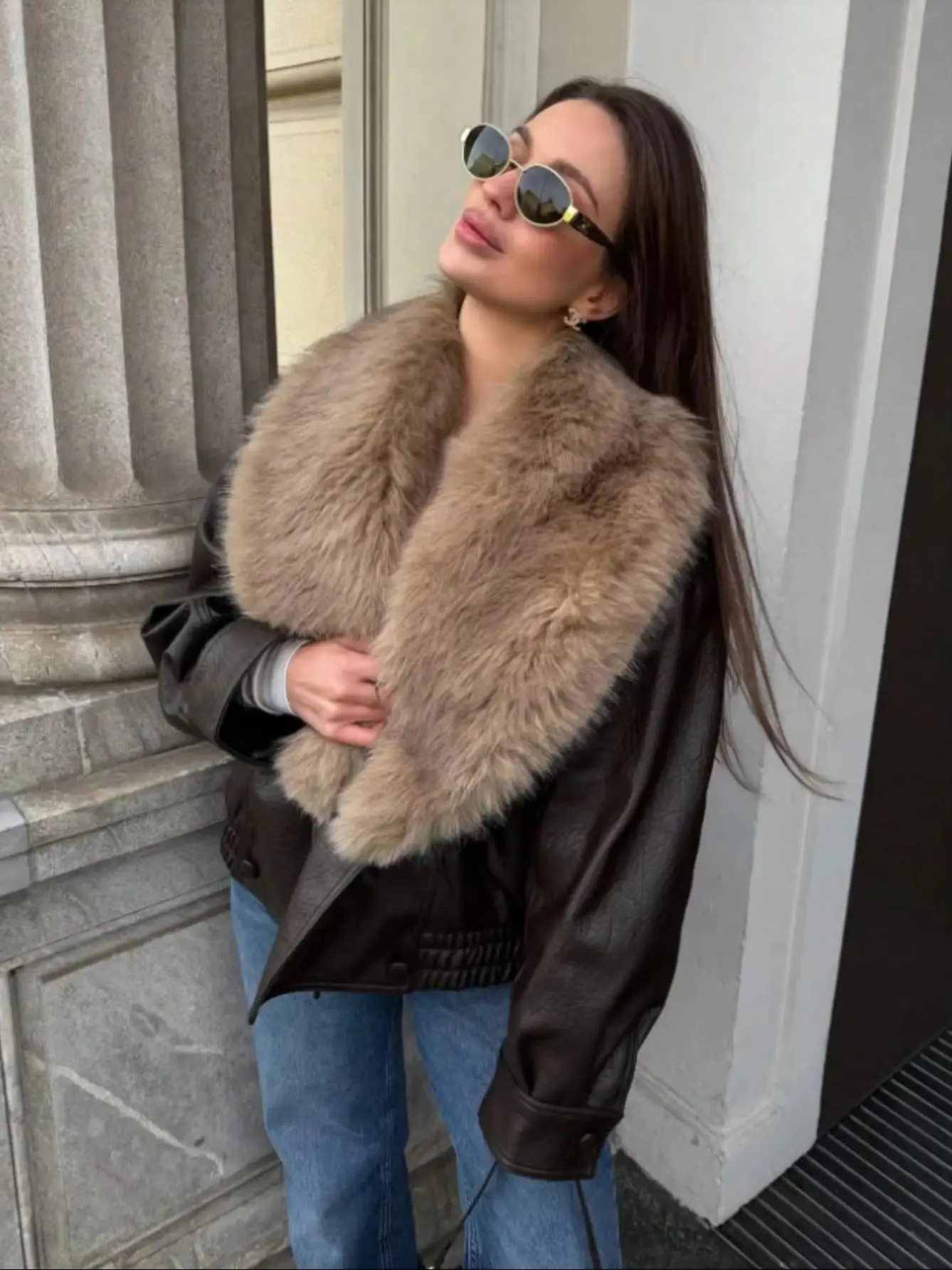 LIMO Loose Women Faux Leather Coat Detachable Faux Fur Lapel Collar Long Sleeve Jacket