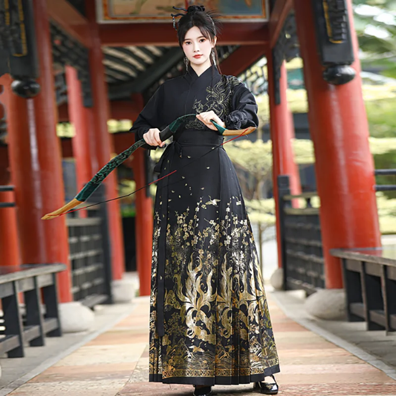Large Size 4XL Chinese Hanfu Suits Men Cosplay Costume Women Vintage Ming Dynasty Black Hanfu Shirt with Horse Face Skirt Suits