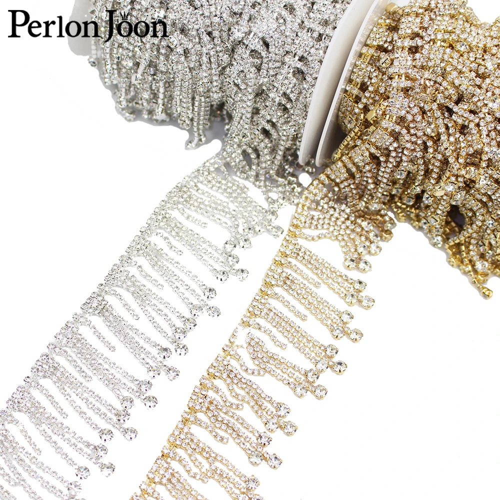 1 yard Bright Crystal style handmade Rhinestone trim Fringe chain sew on clothing wedding shoes clothing decoration ML048