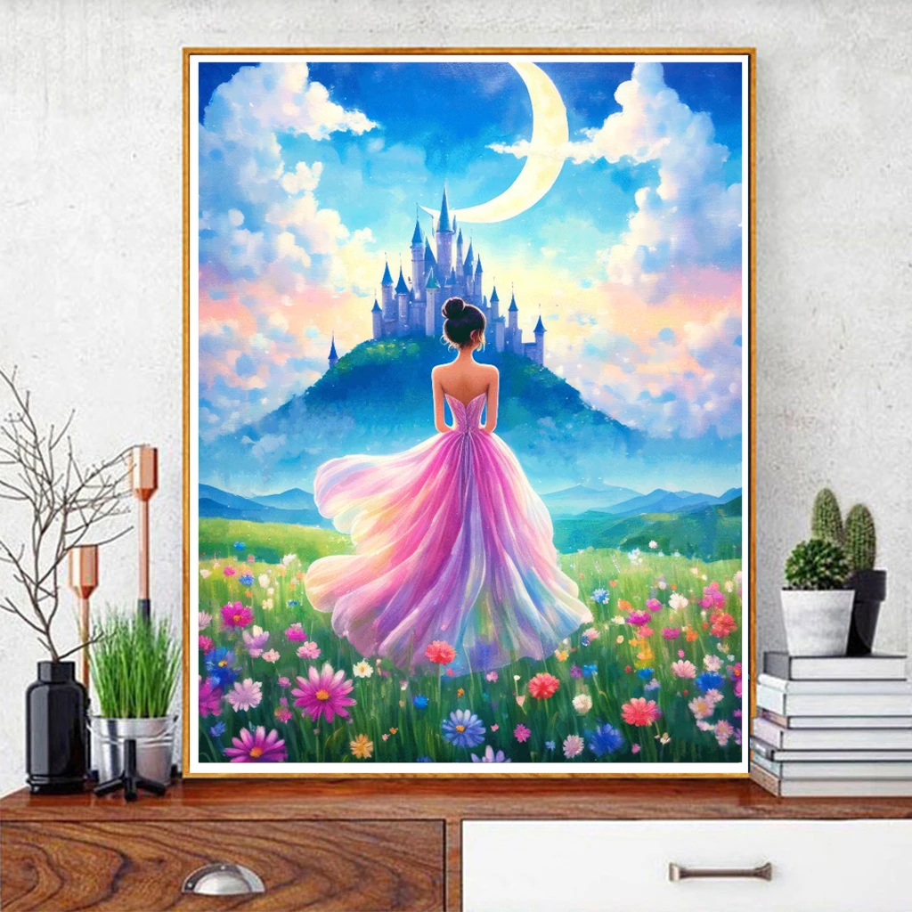 Un kit completo de punto de cruz de Castillo de Luna de princesa de fantasía bordado, paquete de material de bricolaje, bordado a mano estilo cuento de hadas, bordado impreso