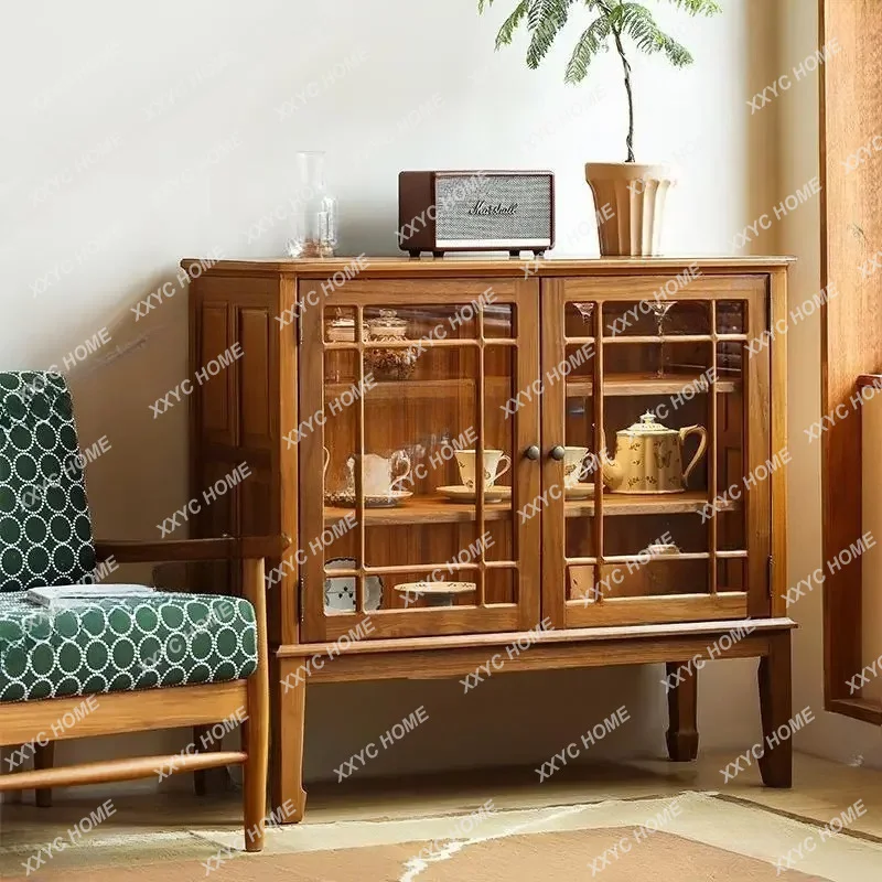 XXOld teak dining side cabinet all solid wood retro glass door storage medium antique low cabinet entrance