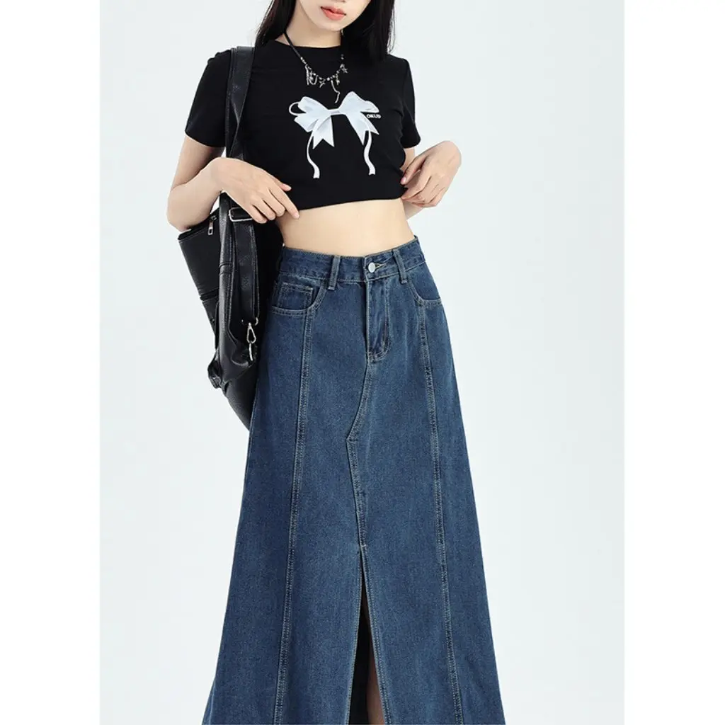 

Vintage High Waist Slimming Mid-Length Denim Skirt Sense Rag Split Design Summer Fashion Women's Clothing