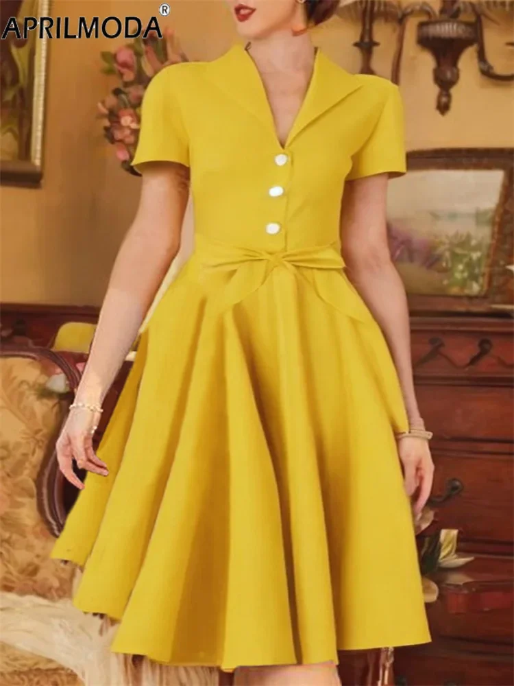 Short Sleeve Swing Retro Pinup Rockabilly Office Evening Dress 50s Cotton Yellow Solid Hepburn Summer Vintage Runway Party Dress