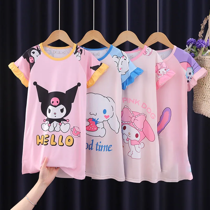 Anime Sanrios My Melody Cinnamoroll Summer Children's Nightgown Kuromi Girls Pajamas Outfit Cartoon Loungewear Dress Sleepwear