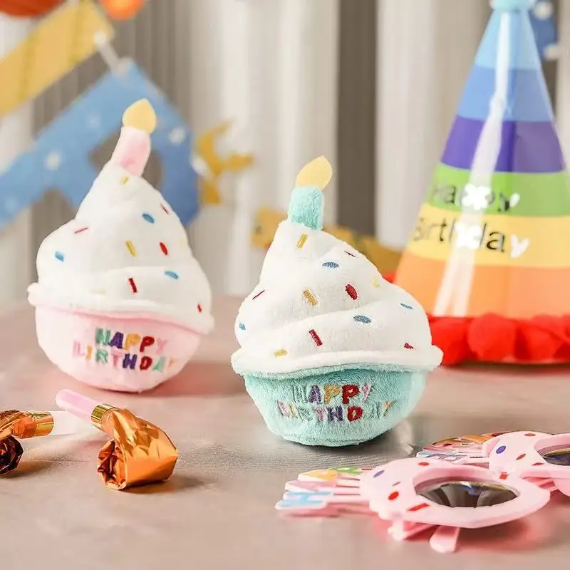1Pc Dog Birthday Cake Toy Soft Plush Squeaky with Colourful Candles Durable Funny Stuffed Chew for Large Breeds Birthday Gift