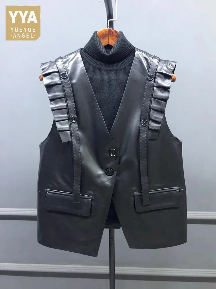 Fashion Women Ruffles Sleeveless Vest Tops Single Breasted V Neck Strap Sheepskin Genuine Leather Waistcoat High Street Jacket