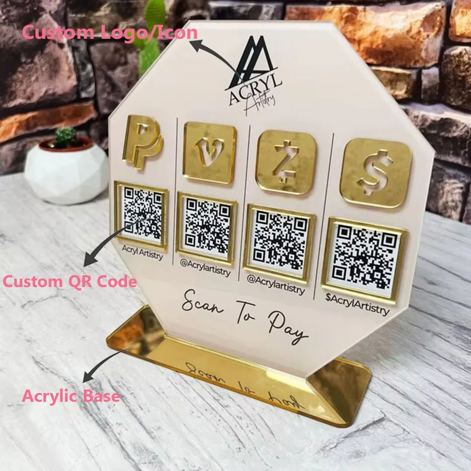 Personalized QR Code Acrylic Sign Stylish Custom Content Social Media Integration Payment Solutions Brand Logo Shop Display